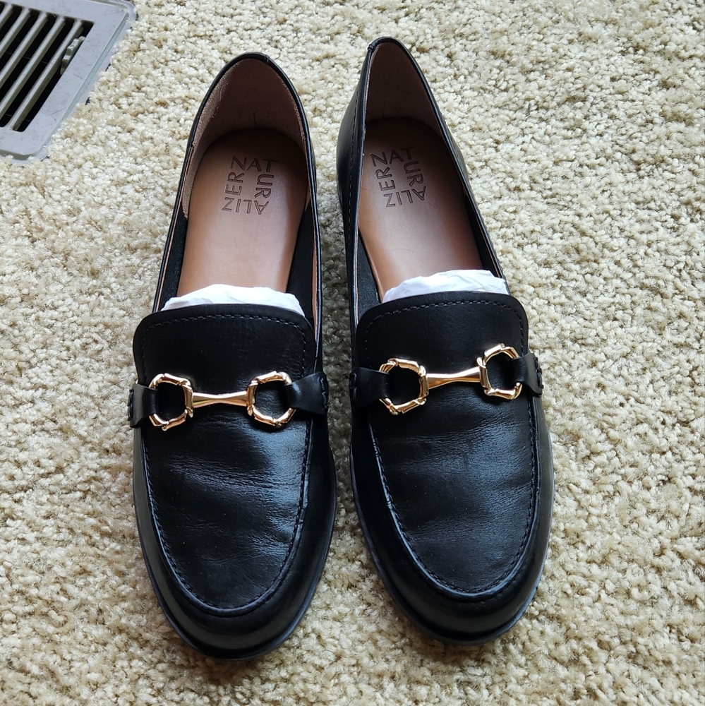 Naturalizer Black Leather Flats with Horsebit Detail